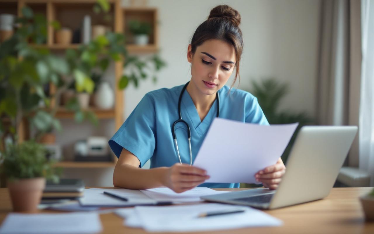 Infirmière assise à son bureau à domicile, examinant des documents de contrat d'assurance posés près d'un ordinateur portable, lumière matinale douce et volumétrique, expression concentrée.