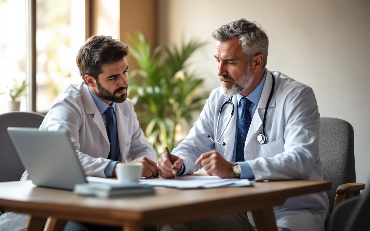 Un médecin et un conseiller financier assis à une table dans un bureau moderne, discutant d'options d'assurance hypothécaire avec des documents et un ordinateur portable, lumière matinale douce et expressions concentrées et naturelles.