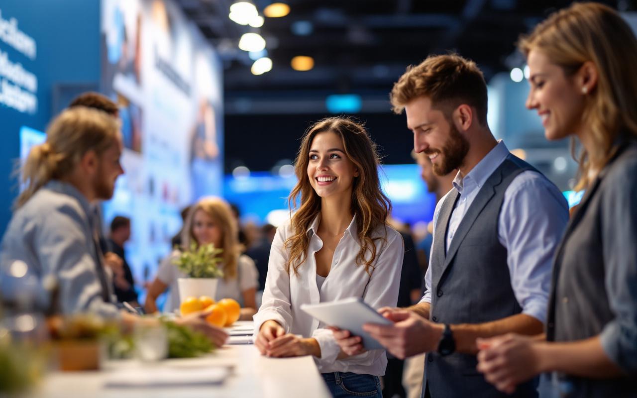 Équipe d'un stand d'exposition en conversation avec des visiteurs, distribuant brochures et utilisant une tablette pour collecter des contacts, décor brandé bleu et blanc, éclairage chaud et volumétrique, ambiance professionnelle et conviviale.