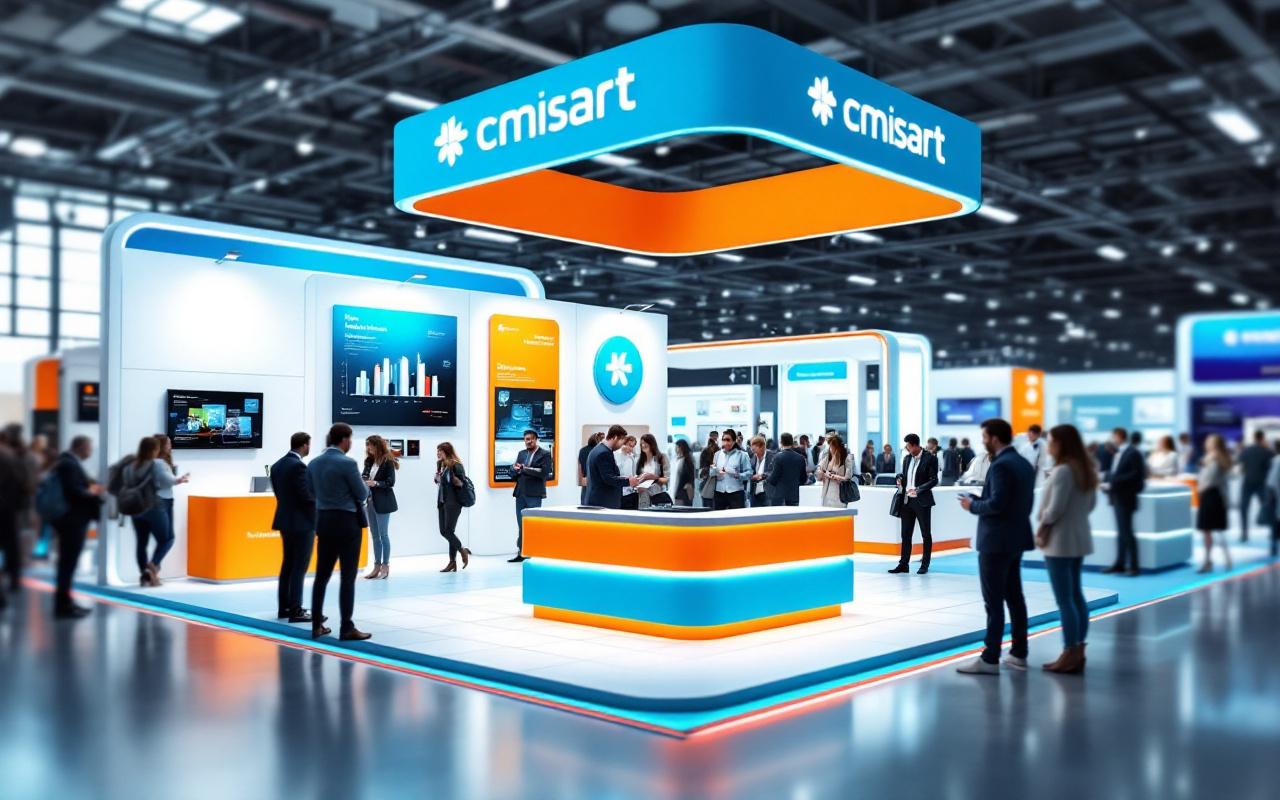 Stand de salon moderne avec signalétique claire et personnel actif aidant des visiteurs, démonstrations de produits, ambiance lumineuse douce volumétrique, dominante bleu et blanc avec accents orange.