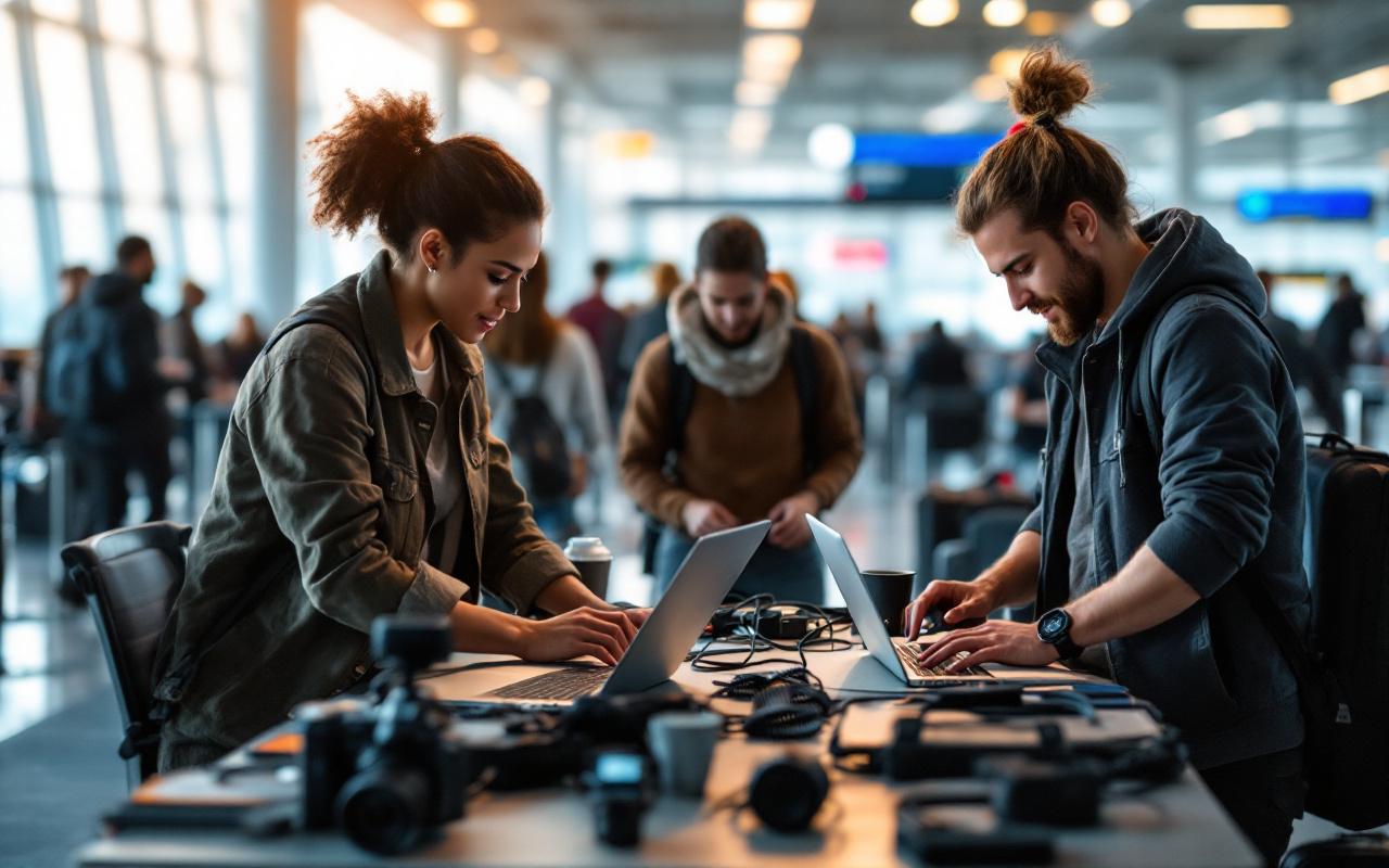 Une équipe marketing prépare son déplacement dans un aéroport international, avec des ordinateurs et du matériel de tournage sur une table de travail, ambiance professionnelle.