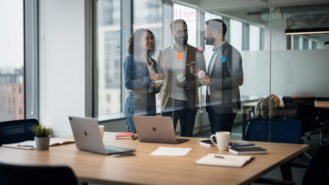 Une équipe de petites et moyennes entreprises travaille en mode hybride dans un bureau moderne, discutant devant un planning de présence partagé projeté sur une grande surface vitrée.