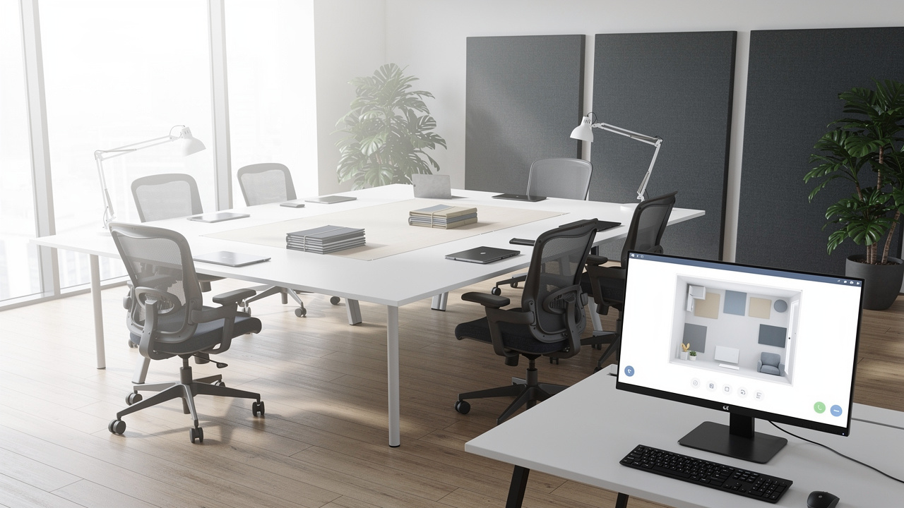 Vue photoréaliste d’un espace flex office lumineux avec des bureaux partagés disposés autour d’une zone centrale et un écran affichant une interface de réservation sans texte visible.