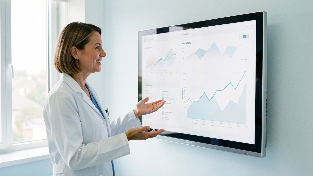 Une praticienne en blouse blanche présente des visualisations financières abstraites dans un cabinet médical moderne, lumineux et rassurant.