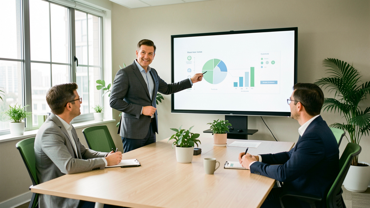 Un entrepreneur présente un projet durable à deux investisseurs dans un bureau lumineux et professionnel.