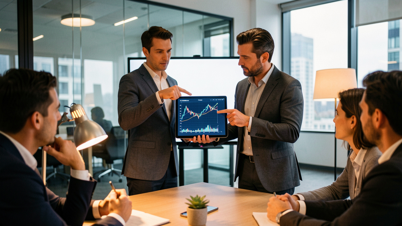Entrepreneur en réunion devant des graphiques financiers dans un bureau moderne avec lumière naturelle et éclairage chaud, ambiance professionnelle.