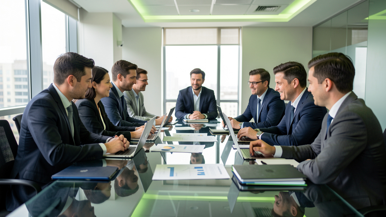Équipe dirigeante réunie autour d’une table de conférence en verre dans un bureau moderne, discutant et examinant un projet à impact.