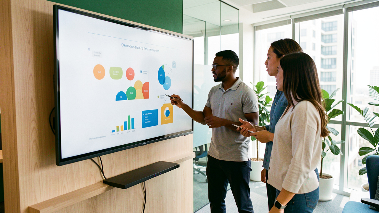 Équipe diverse réunie dans un bureau lumineux et moderne pour analyser des indicateurs de développement durable.