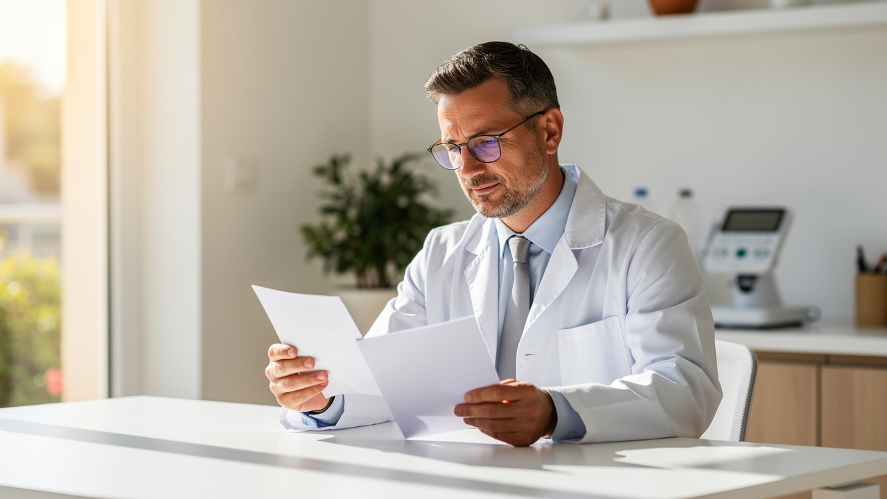 Médecin dans un cabinet lumineux des Alpes-Maritimes, consultant des documents financiers vierges et un dossier de prévoyance posé sur son bureau.