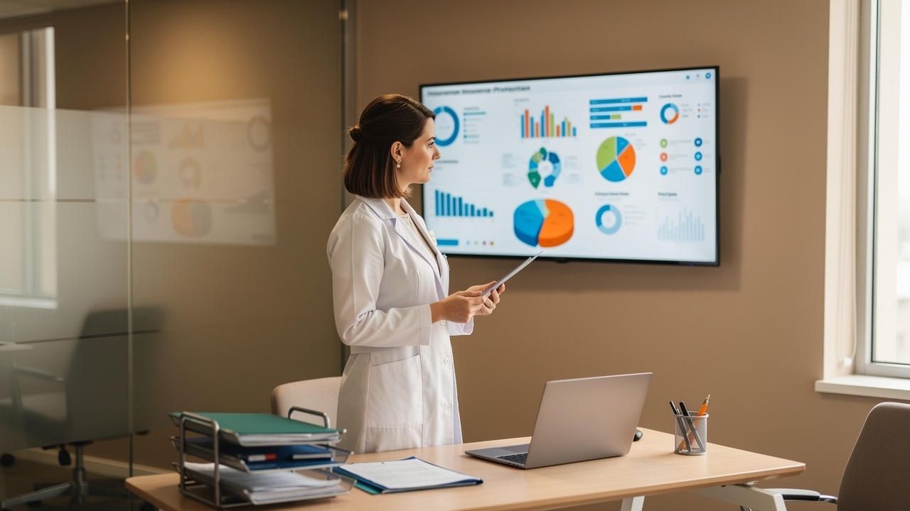 Professionnelle de santé en blouse blanche examinant un tableau visuel abstrait sur la trésorerie et les garanties d’assurance dans un cabinet médical moderne.