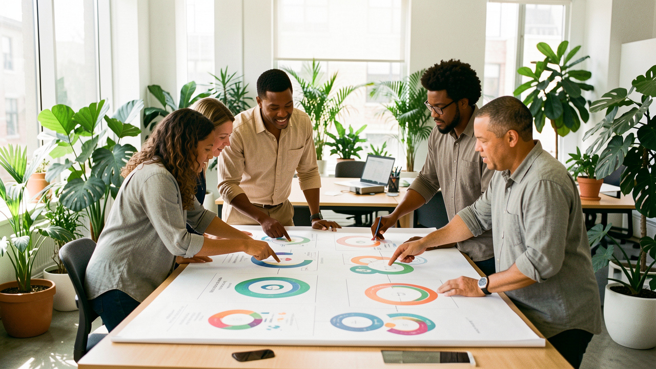 Équipe d’entreprise diverse réunie autour d’un tableau visuel de stratégie RSE dans un bureau lumineux et végétalisé.